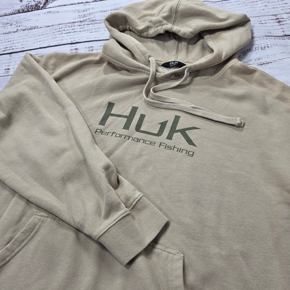 Huk Other - Huk Performance Fishing Hoodie Mens XL Tan Khaki Excellent Logo Sweatshirt